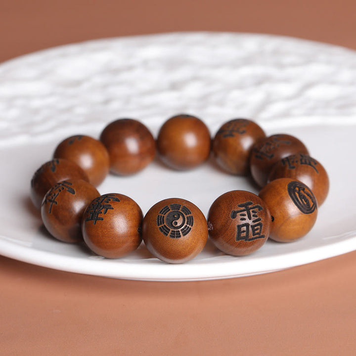 Bracelet de protection gravé en bois de jujubier avec Buddha Stones et foudre, Yin Yang, Bagua, caractères tabous taoïstes