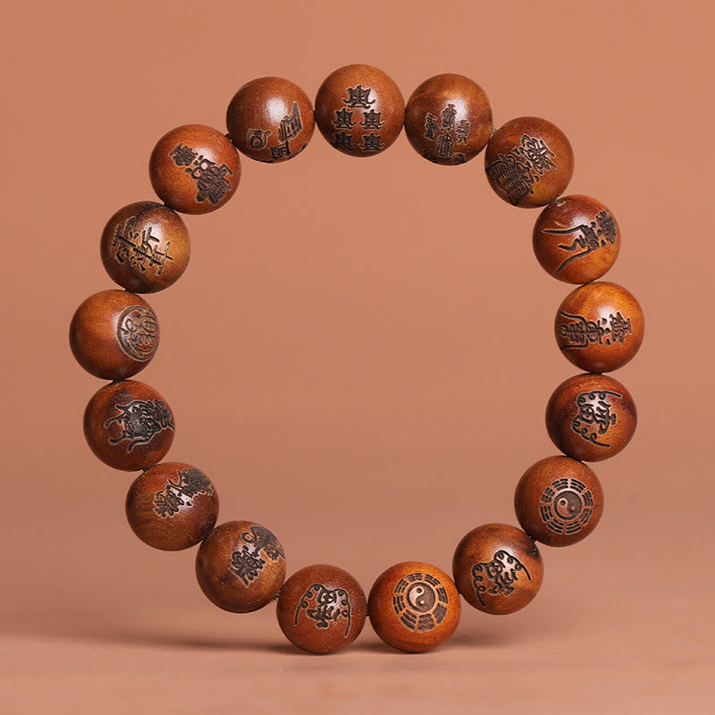Bracelet porte-bonheur gravé Buddha Stones et bois de jujubier frappé par la foudre Yin Yang Bagua Symbole des écritures taboues taoïstes