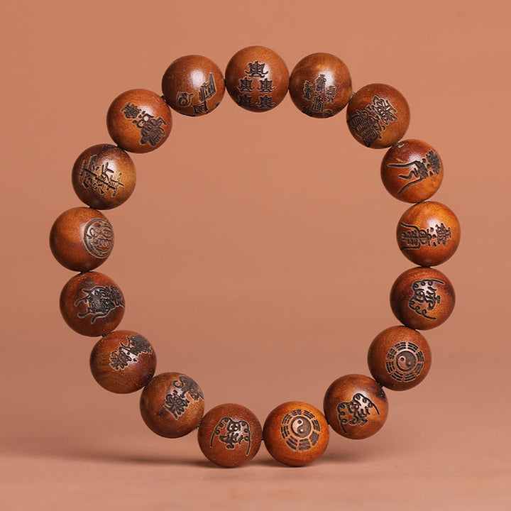 Bracelet porte-bonheur gravé Buddha Stones et bois de jujubier frappé par la foudre Yin Yang Bagua Symbole des écritures taboues taoïstes
