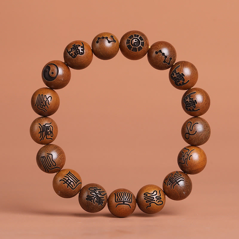 Bracelet porte-bonheur gravé Buddha Stones et bois de jujubier frappé par la foudre Yin Yang Bagua Symbole des écritures taboues taoïstes