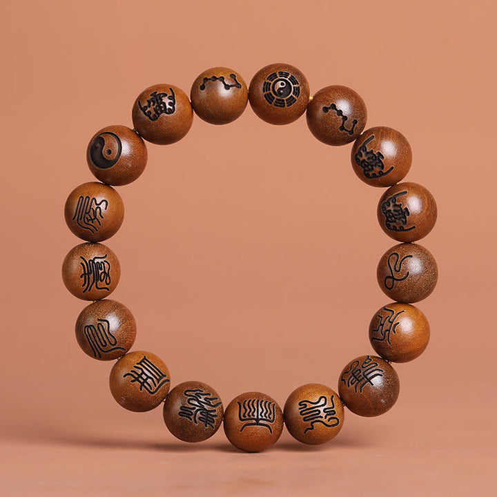 Bracelet porte-bonheur gravé Buddha Stones et bois de jujubier frappé par la foudre Yin Yang Bagua Symbole des écritures taboues taoïstes