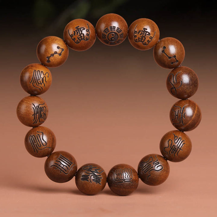 Bracelet porte-bonheur gravé Buddha Stones et bois de jujubier frappé par la foudre Yin Yang Bagua Symbole des écritures taboues taoïstes
