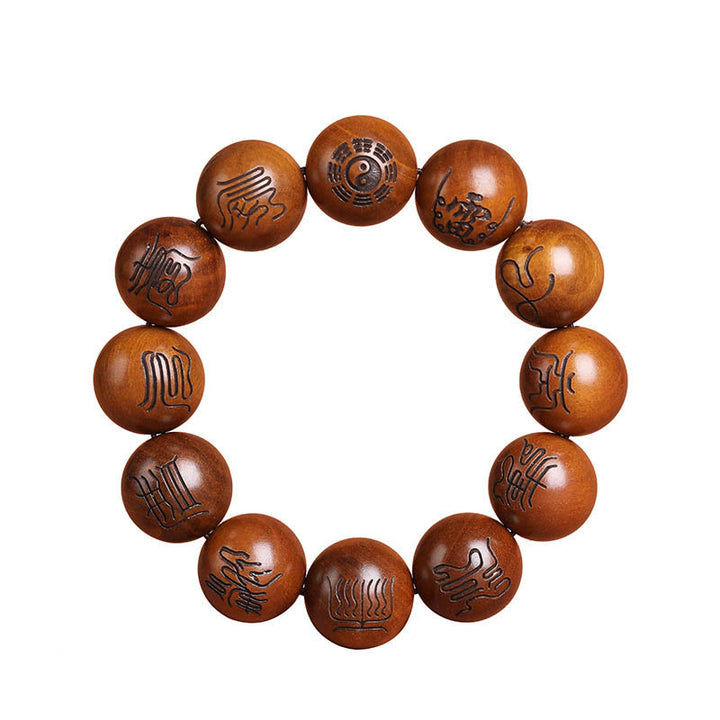 Bracelet porte-bonheur gravé Buddha Stones et bois de jujubier frappé par la foudre Yin Yang Bagua Symbole des écritures taboues taoïstes