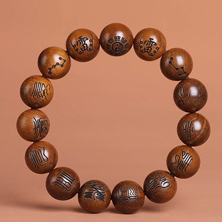 Bracelet porte-bonheur gravé Buddha Stones et bois de jujubier frappé par la foudre Yin Yang Bagua Symbole des écritures taboues taoïstes