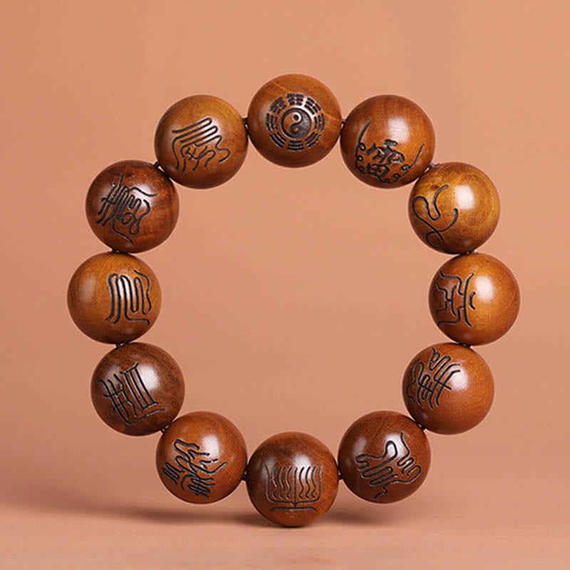 Bracelet porte-bonheur gravé Buddha Stones et bois de jujubier frappé par la foudre Yin Yang Bagua Symbole des écritures taboues taoïstes