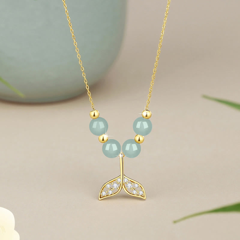 Collier pendentif porte-bonheur en forme de queue de poisson en argent sterling 925 avec perles de jade Hetian et Buddha Stones - Hétian Jade - image 0