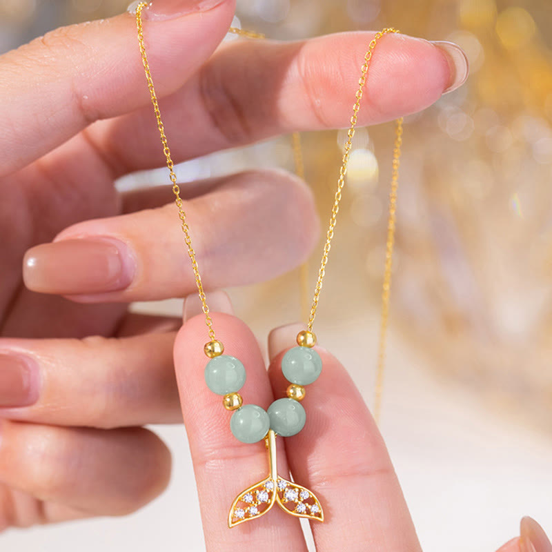 Collier pendentif porte-bonheur en forme de queue de poisson en argent sterling 925 avec perles de jade Hetian et Buddha Stones