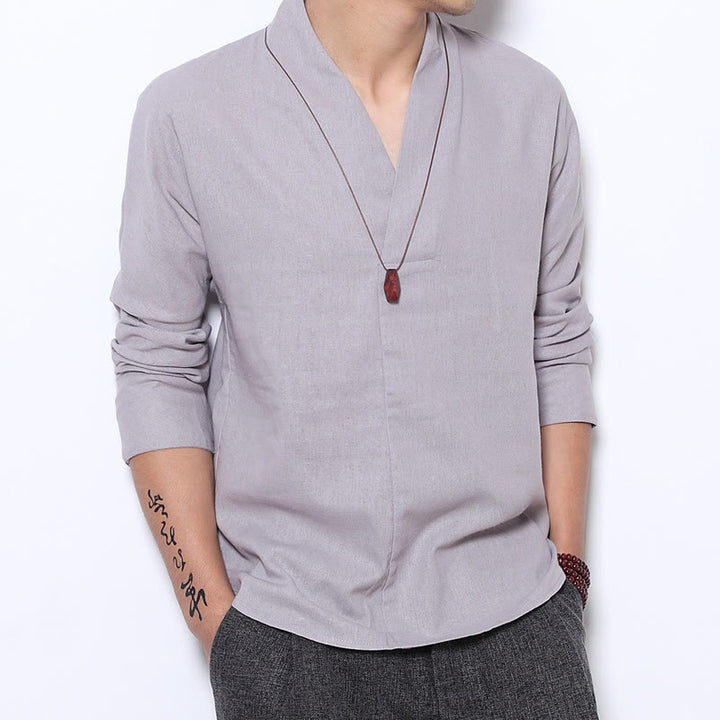 Chemise décontractée à manches longues et col en V avec Buddha Stones en lin pour hommes