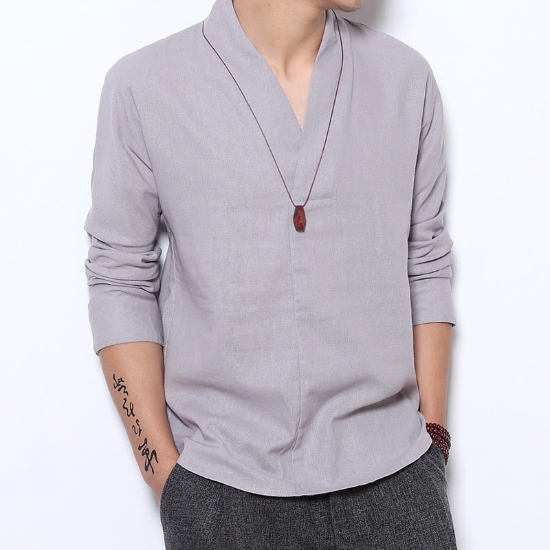 Chemise décontractée à manches longues et col en V avec Buddha Stones en lin pour hommes - Gainsboro - US/UK/AU46，EU56 (5XL) - image 1