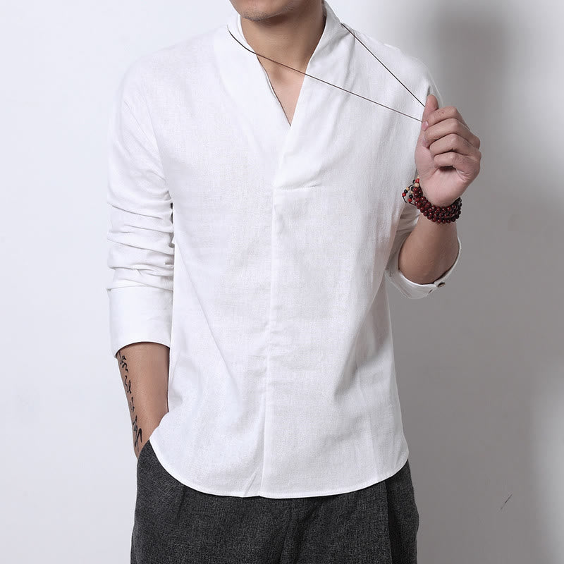 Chemise décontractée à manches longues et col en V avec Buddha Stones en lin pour hommes
