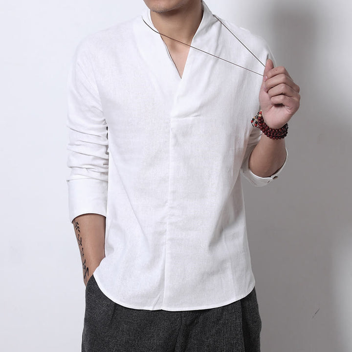 Chemise décontractée à manches longues et col en V avec Buddha Stones en lin pour hommes - Blanc - US/UK/AU46，EU56 (5XL) - image 3