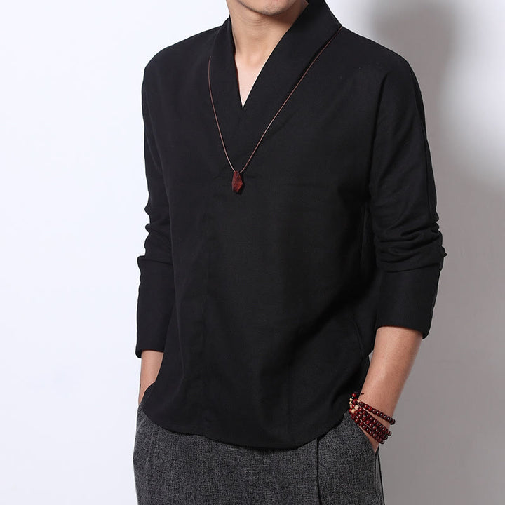 Chemise décontractée à manches longues et col en V avec Buddha Stones en lin pour hommes