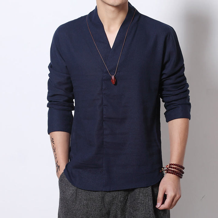 Chemise décontractée à manches longues et col en V avec Buddha Stones en lin pour hommes