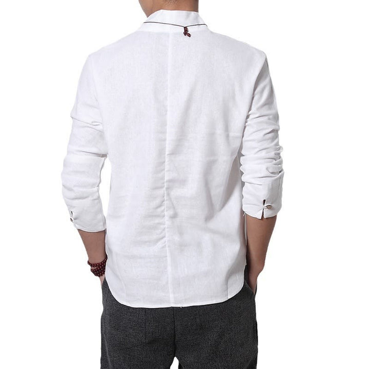 Chemise décontractée à manches longues et col en V avec Buddha Stones en lin pour hommes