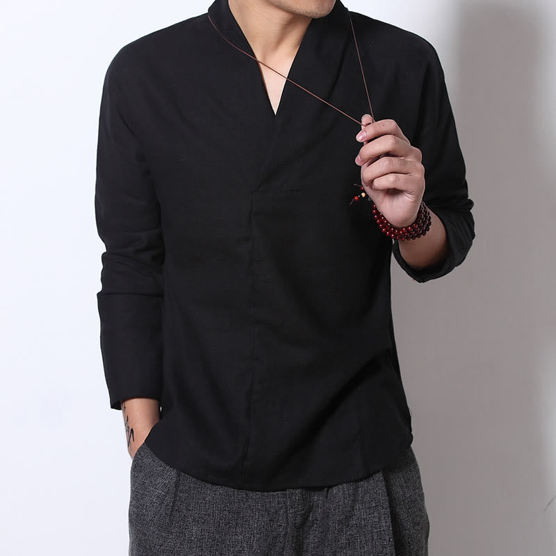 Chemise décontractée à manches longues et col en V avec Buddha Stones en lin pour hommes