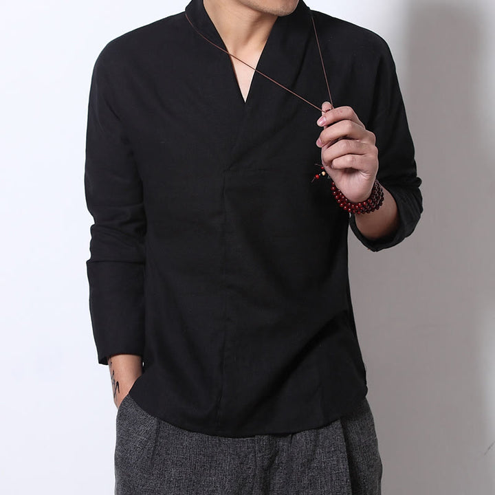 Chemise décontractée à manches longues et col en V avec Buddha Stones en lin pour hommes