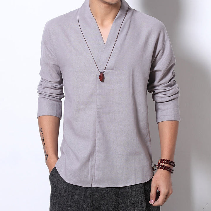 Chemise décontractée à manches longues et col en V avec Buddha Stones en lin pour hommes