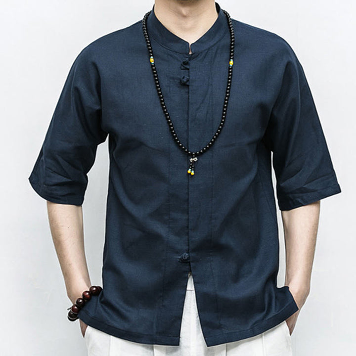 Chemise à manches mi-longues en lin pour homme, costume chinois à boutons de grenouille Buddha Stones