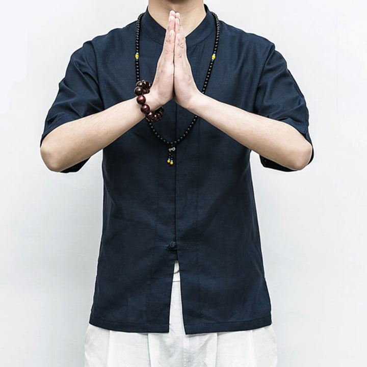 Chemise à manches mi-longues en lin pour homme, costume chinois à boutons de grenouille Buddha Stones