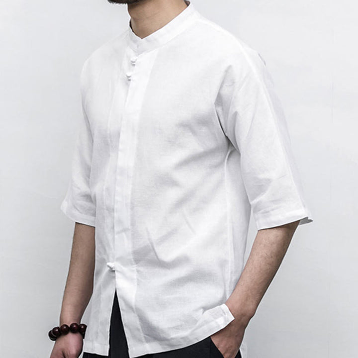 Chemise à manches mi-longues en lin pour homme, costume chinois à boutons de grenouille Buddha Stones
