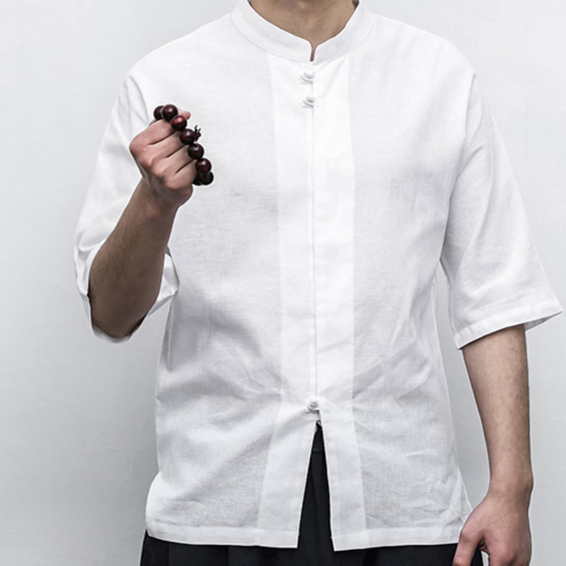 Chemise à manches mi-longues en lin pour homme, costume chinois à boutons de grenouille Buddha Stones