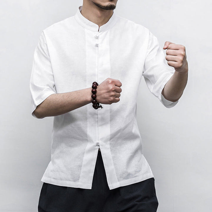 Chemise à manches mi-longues en lin pour homme, costume chinois à boutons de grenouille Buddha Stones - image 10