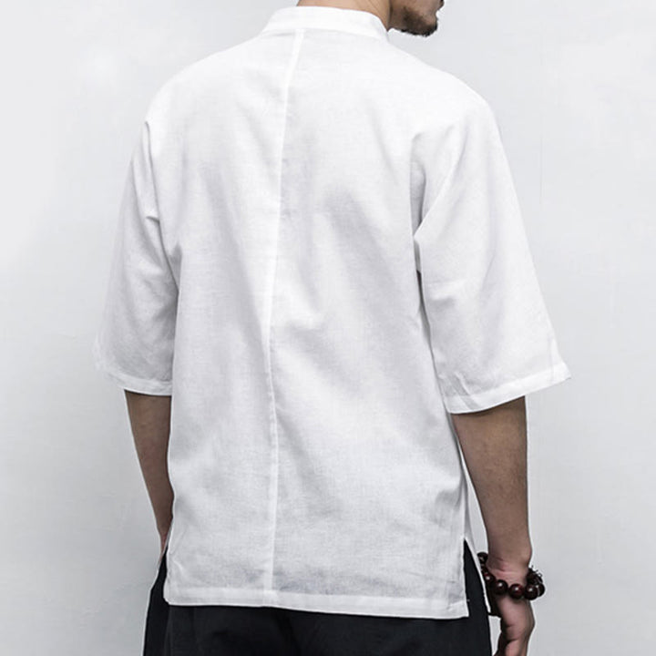 Chemise à manches mi-longues en lin pour homme, costume chinois à boutons de grenouille Buddha Stones