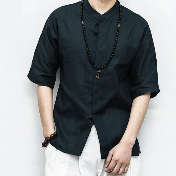 Chemise à manches mi-longues en lin pour homme, costume chinois à boutons de grenouille Buddha Stones - image 13