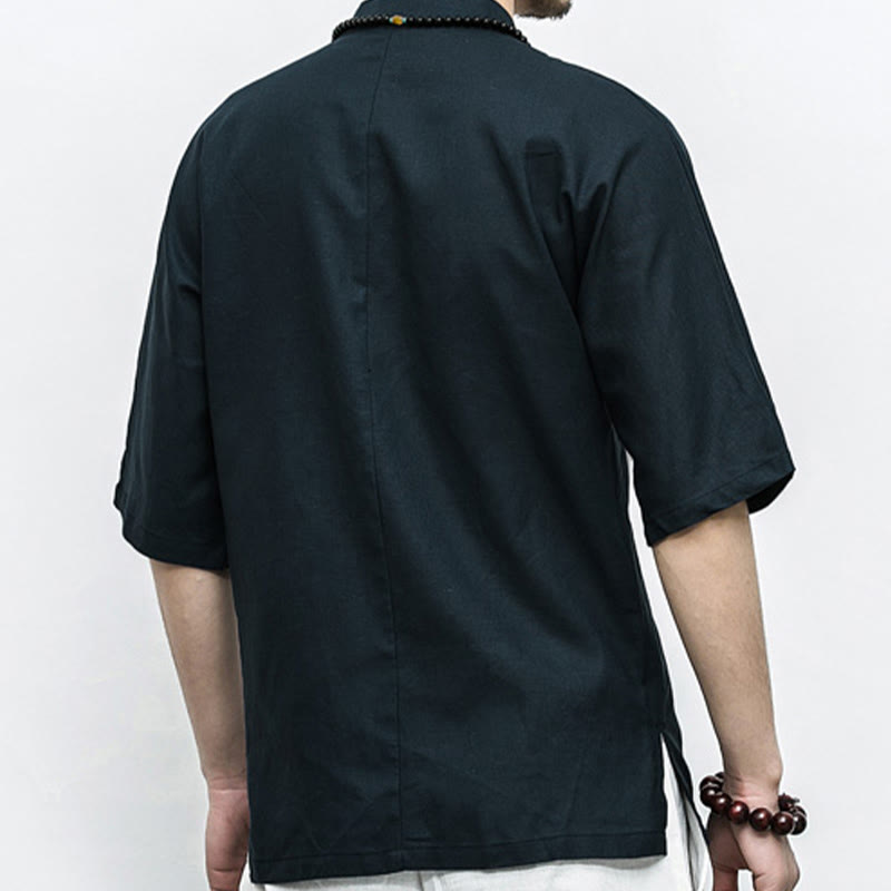 Chemise à manches mi-longues en lin pour homme, costume chinois à boutons de grenouille Buddha Stones