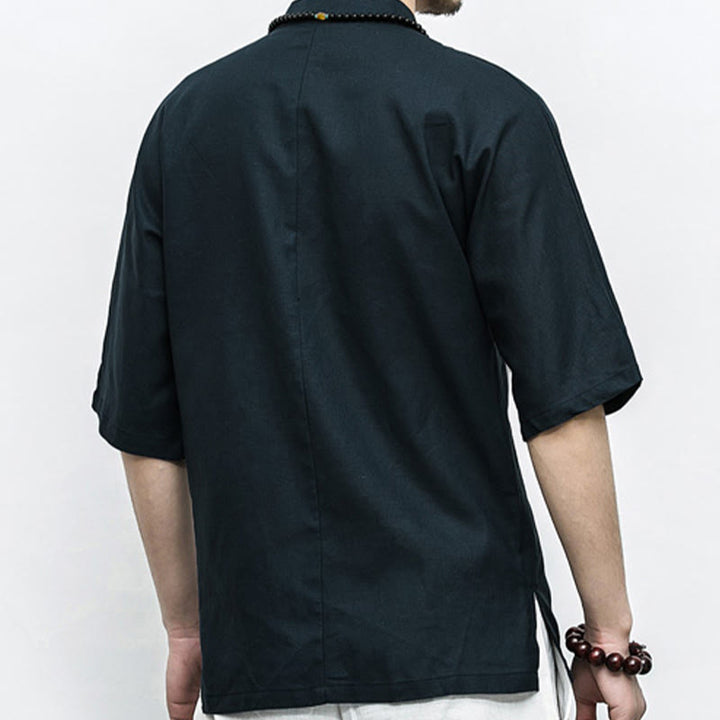 Chemise à manches mi-longues en lin pour homme, costume chinois à boutons de grenouille Buddha Stones