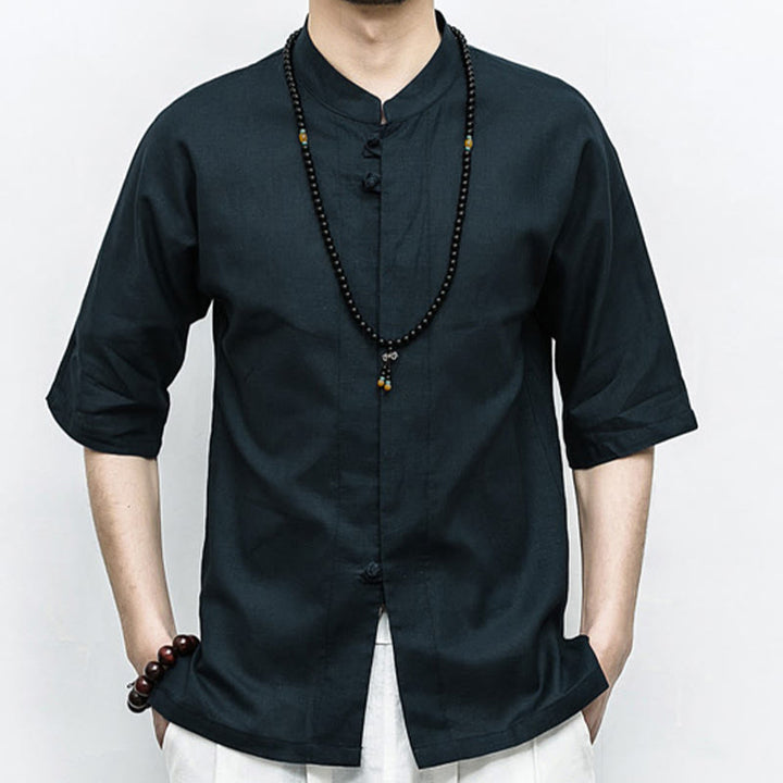 Chemise à manches mi-longues en lin pour homme, costume chinois à boutons de grenouille Buddha Stones - Noir - US/UK/AU46，EU56 (5XL)  - image 12