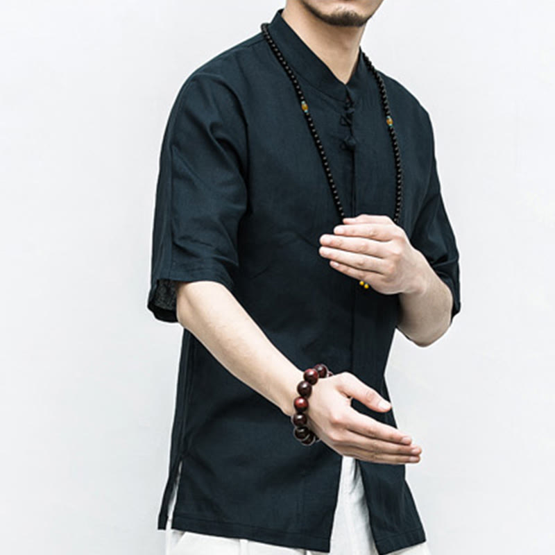 Chemise à manches mi-longues en lin pour homme, costume chinois à boutons de grenouille Buddha Stones