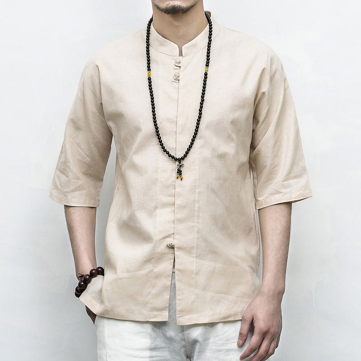 Chemise à manches mi-longues en lin pour homme, costume chinois à boutons de grenouille Buddha Stones