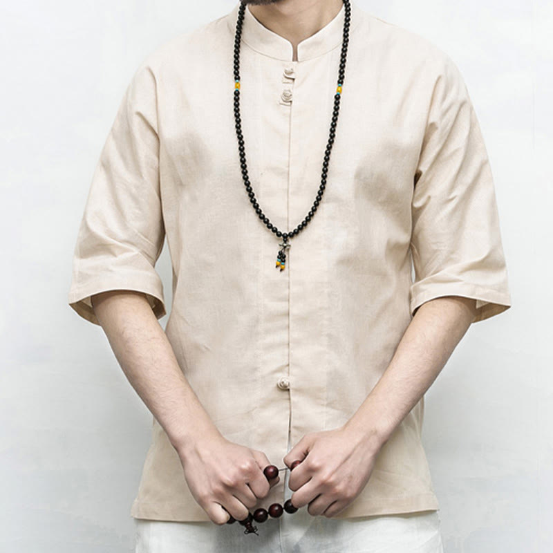 Chemise à manches mi-longues en lin pour homme, costume chinois à boutons de grenouille Buddha Stones