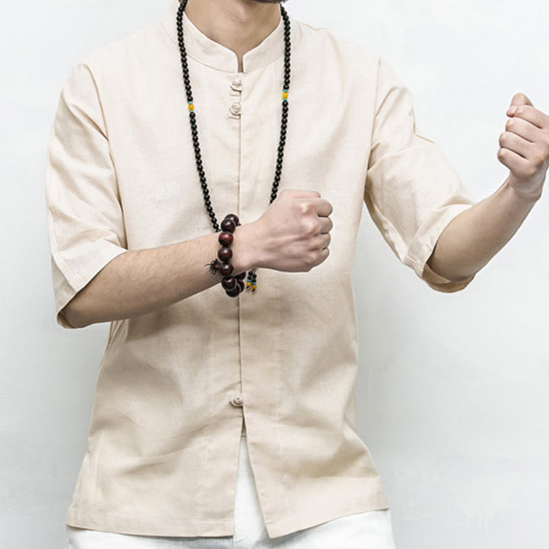 Chemise à manches mi-longues en lin pour homme, costume chinois à boutons de grenouille Buddha Stones