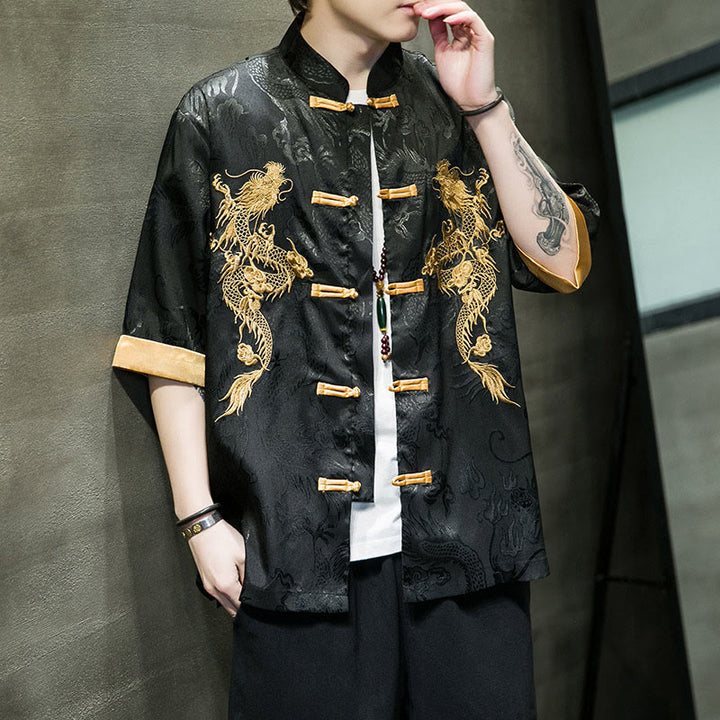 Chemise à manches mi-longues en lin avec broderie de dragon chinois et boutons de grenouille Buddha Stones Vêtements pour hommes