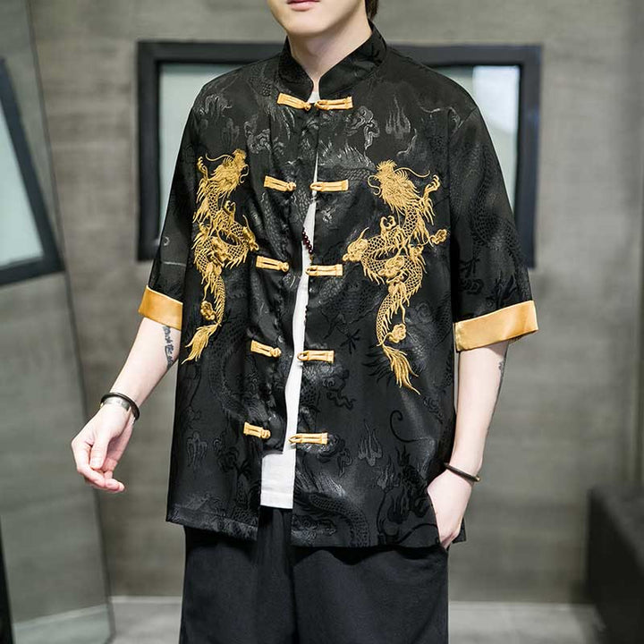 Chemise à manches mi-longues en lin avec broderie de dragon chinois et boutons de grenouille Buddha Stones Vêtements pour hommes