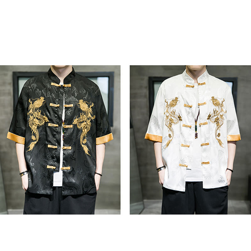 Chemise à manches mi-longues en lin avec broderie de dragon chinois et boutons de grenouille Buddha Stones Vêtements pour hommes