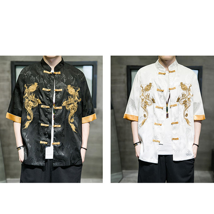 Chemise à manches mi-longues en lin avec broderie de dragon chinois et boutons de grenouille Buddha Stones Vêtements pour hommes