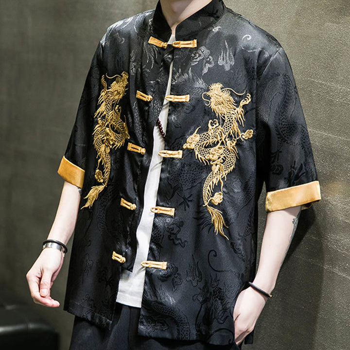 Chemise à manches mi-longues en lin avec broderie de dragon chinois et boutons de grenouille Buddha Stones Vêtements pour hommes