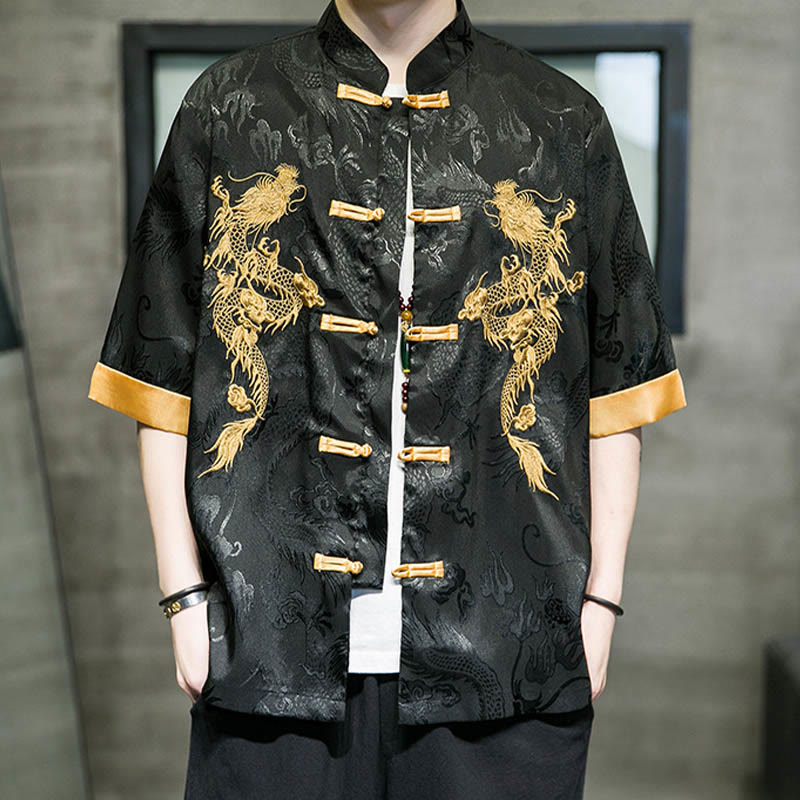 Chemise à manches mi-longues en lin avec broderie de dragon chinois et boutons de grenouille Buddha Stones Vêtements pour hommes