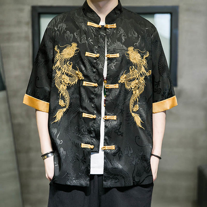 Chemise à manches mi-longues en lin avec broderie de dragon chinois et boutons de grenouille Buddha Stones Vêtements pour hommes