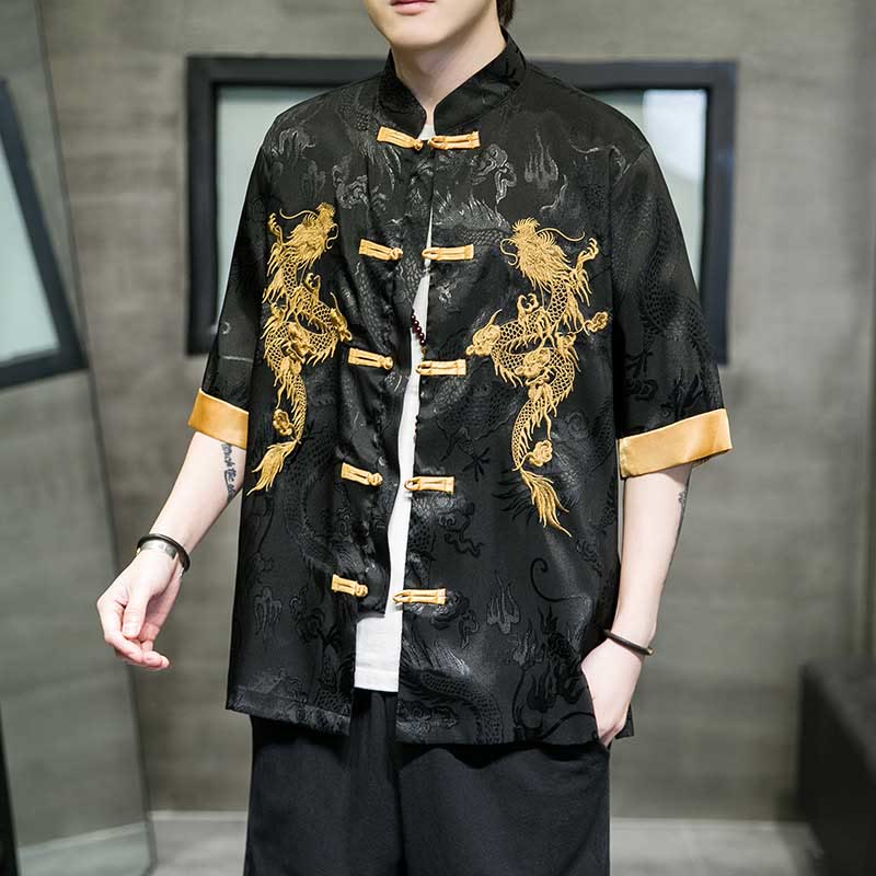 Chemise à manches mi-longues en lin avec broderie de dragon chinois et boutons de grenouille Buddha Stones Vêtements pour hommes - Noir - US/UK/AU48，EU58(5XL)  - image 0