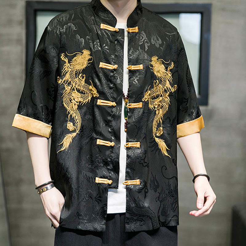 Chemise à manches mi-longues en lin avec broderie de dragon chinois et boutons de grenouille Buddha Stones Vêtements pour hommes