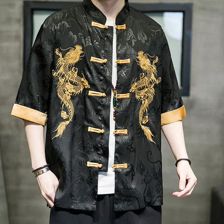Chemise à manches mi-longues en lin avec broderie de dragon chinois et boutons de grenouille Buddha Stones Vêtements pour hommes