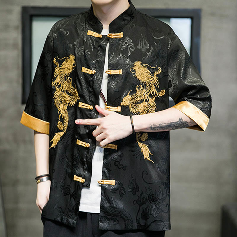 Chemise à manches mi-longues en lin avec broderie de dragon chinois et boutons de grenouille Buddha Stones Vêtements pour hommes