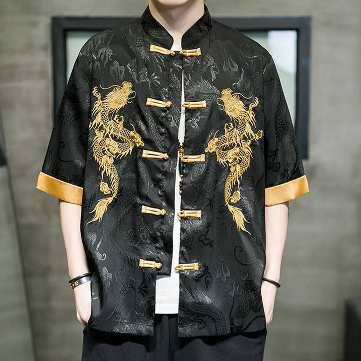 Chemise à manches mi-longues en lin avec broderie de dragon chinois et boutons de grenouille Buddha Stones Vêtements pour hommes