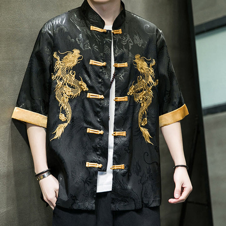 Chemise à manches mi-longues en lin avec broderie de dragon chinois et boutons de grenouille Buddha Stones Vêtements pour hommes