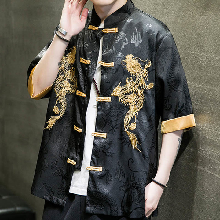 Chemise à manches mi-longues en lin avec broderie de dragon chinois et boutons de grenouille Buddha Stones Vêtements pour hommes