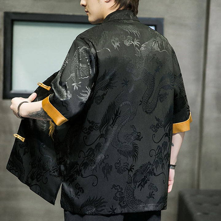 Chemise à manches mi-longues en lin avec broderie de dragon chinois et boutons de grenouille Buddha Stones Vêtements pour hommes